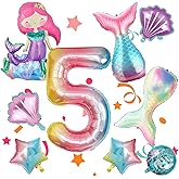 Mermaid Balloons, 20in Shell, Mermaid Tail Balloons, Number 5 Foil Balloon for Under the Sea and Ocean Theme Girls 5th Birthday Party Decorations Supplies Favors.(5th)