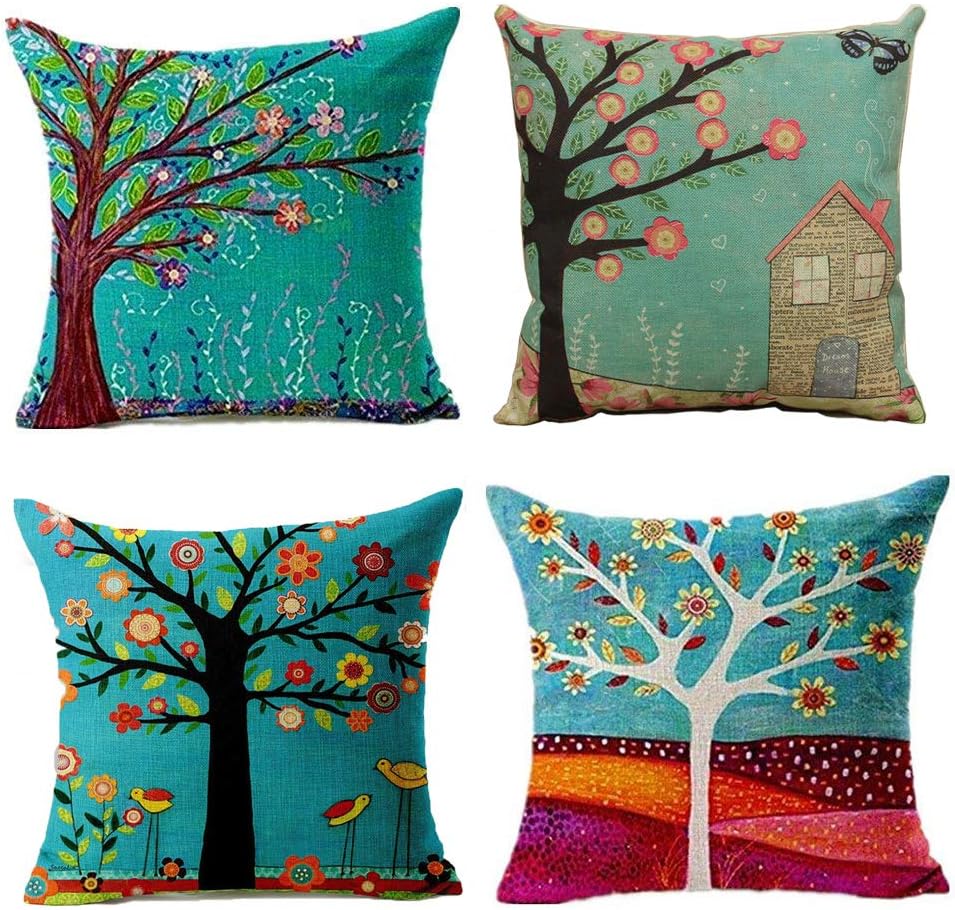 Polyester Linen Throw Pillow Case Cushion Covers - Decorative Tree Of Life 18 x 18 inches Set Of 4 Pcs - Perfect For Home Office Couch Livingroom Sofa Bed