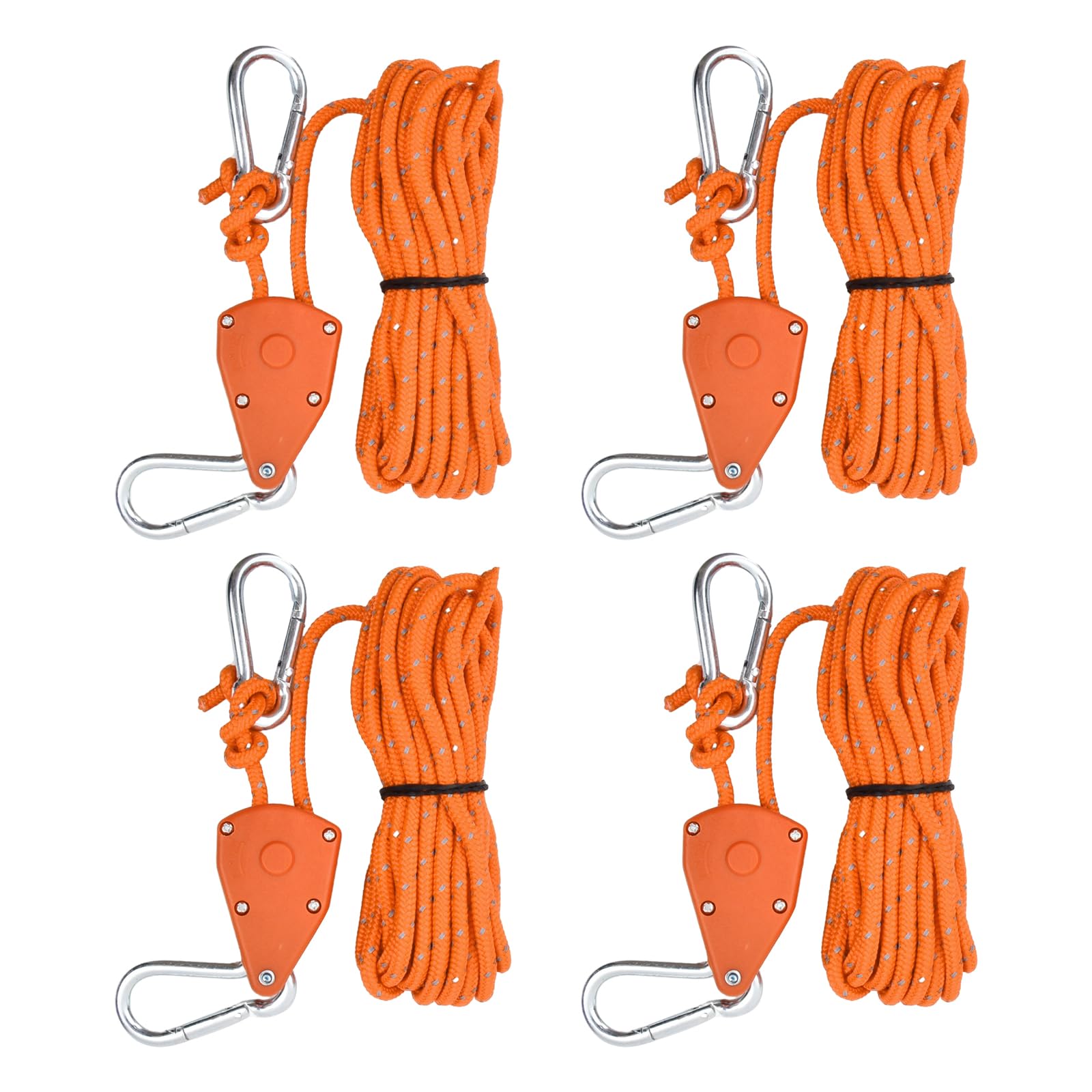 4PCS Reflective Tent Guy Ropes, 4mm Tent Camping Cord with Pulley, 5M Heavy Duty Guide Rope with Aluminum Adjuster, Tent Guy Ropes Lines for Awning Outdoor Tent Tarp Gazebo Hiking Picnics (Orange)
