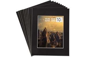 HOTUO 10 Pack Acid Free Black Picture Frame Mats, Pre-Cut 11x14 Picture Mats with Ivory Core Bevel Cut for 8x10 Photo, Signature Friendly 4 Ply Thickness Photo Mat for Frames/Artwork/Print/Picture