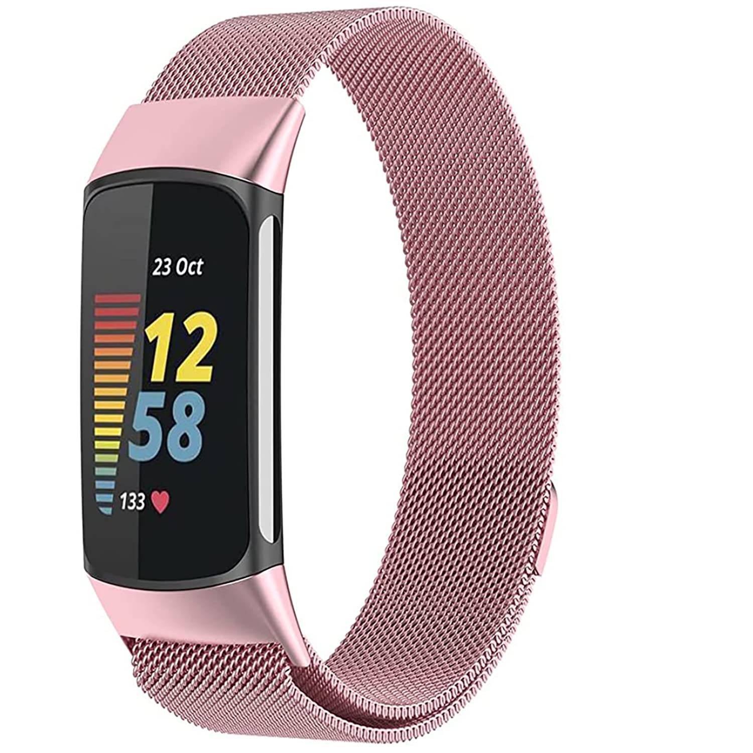 Photo 1 of Metal Mesh Loop Bands for Fitbit Charge 5/Charge 6 Band for Women Men, Adjustable Stainless Steel Wristbands Replacement Straps for Charge 5/6 Activity Tracker?Rose Pink-L?