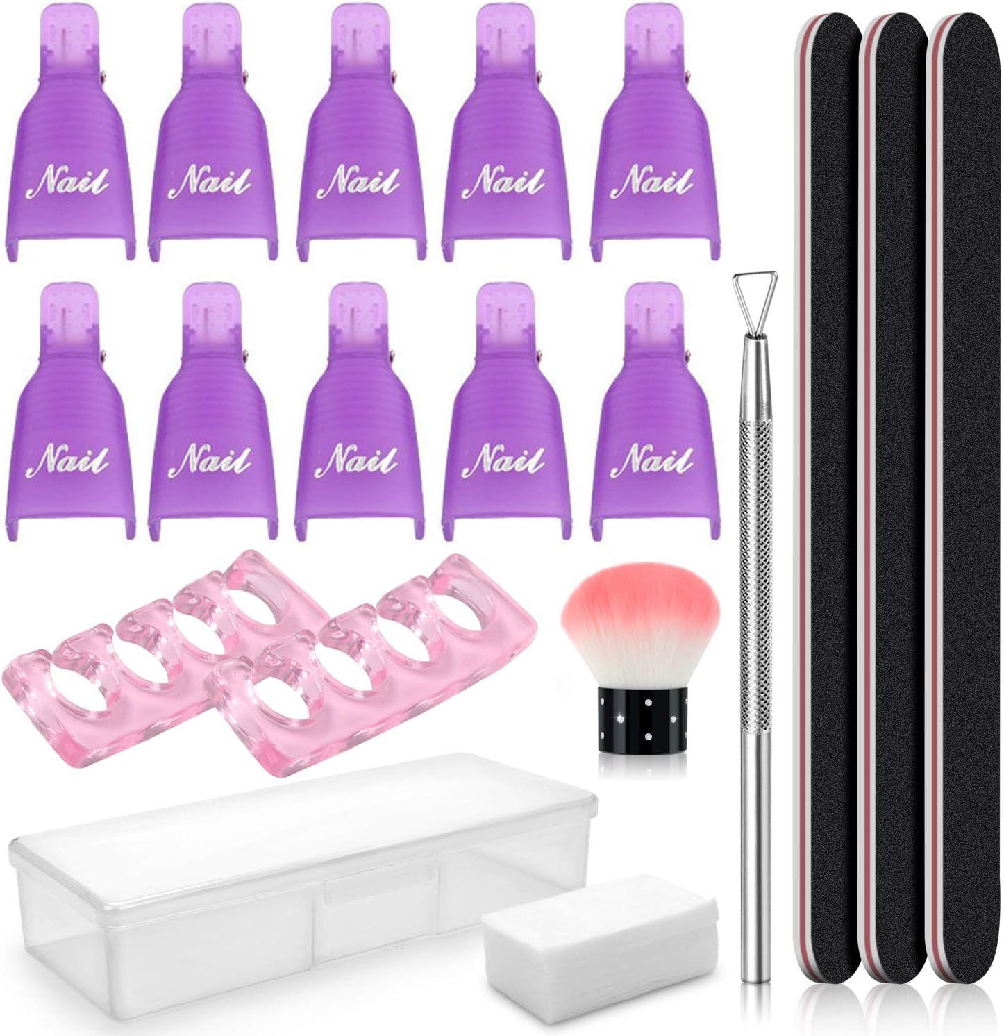 Nail Polish Remover Kit, with Nail Polish Remover Clips Set and Pads, Nail File, Stainless Steel Cuticle Pusher, Finger Separators