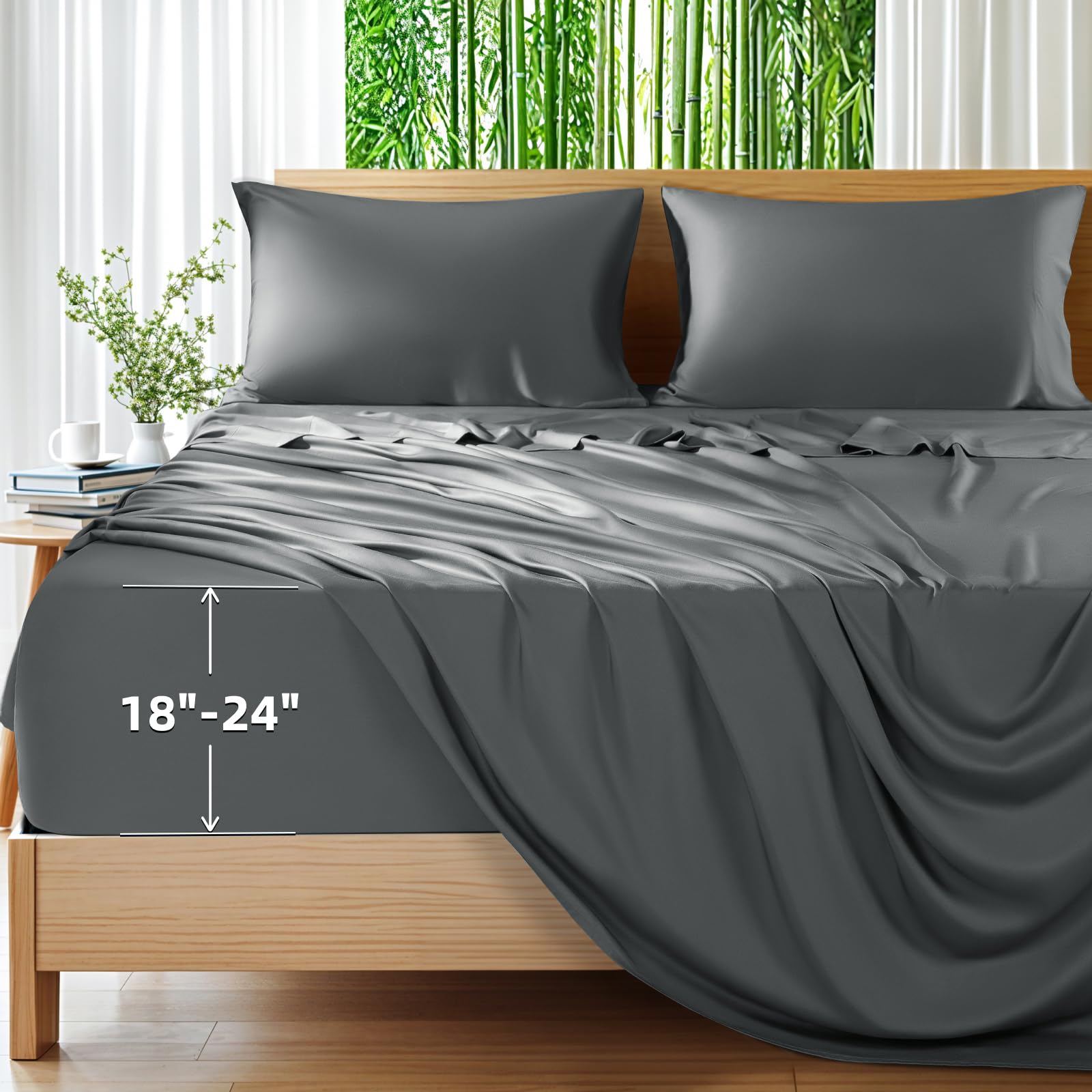 Photo 1 of Shilucheng 100% Viscose Derived from Bamboo_Sheets, Extra Deep Pocket Sheets Fits 18"-24" Thick Mattress, Cooling & Breathable Bed Sheets 4Pcs, Hotel Silky Bedding Set (Queen,Dark Grey)
