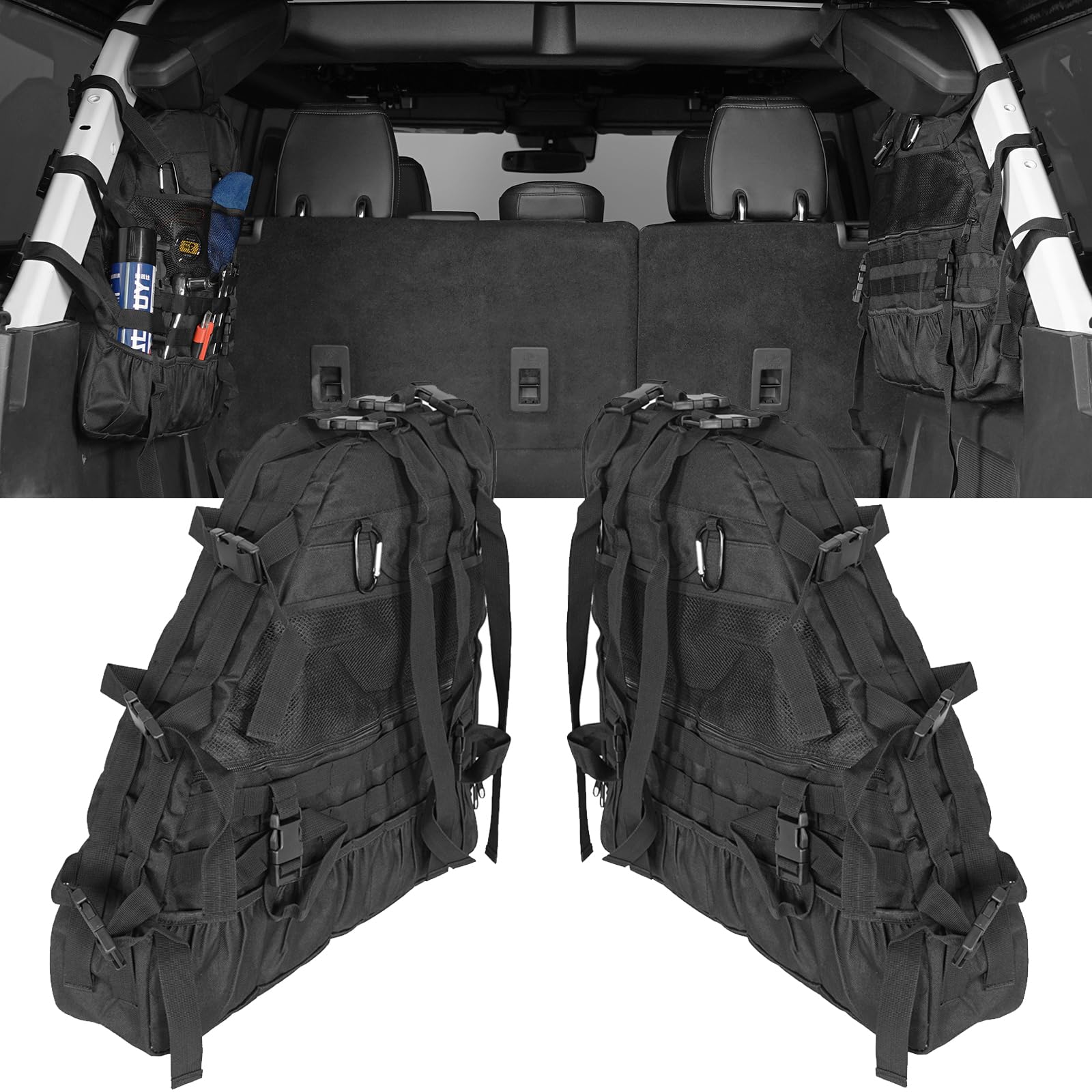 Photo 1 of Hooke Road Bronco Roll Bar Storage Cargo Bag Rear Trunk Multi Pockets Cage Organizer for 2021 2022 2023 2024 2025 2026 Ford Bronco 4-Door Interior Accessories (Exclude Bronco Raptor & Sport)