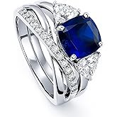 BERRICLE Sterling Silver 3-Stone Infinity Criss Cross Engagement Rings Statement Stackable Band for Women, 3 Carat Sapphire-Blue Cushion Cut Cubic Zirconia CZ Ring Set