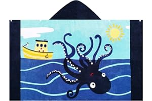 BANGSAUR Kids Hooded Beach Bath Towels, 100% Cotton 50"x30" Wrap Towel, Toddlers Boys 3-12 Years Coverup Towel Octopus