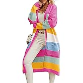 chouyatou Women's Trendy Striped Knit Cardigan Color Block Open Front Mid Long Sweater Jacket Coat