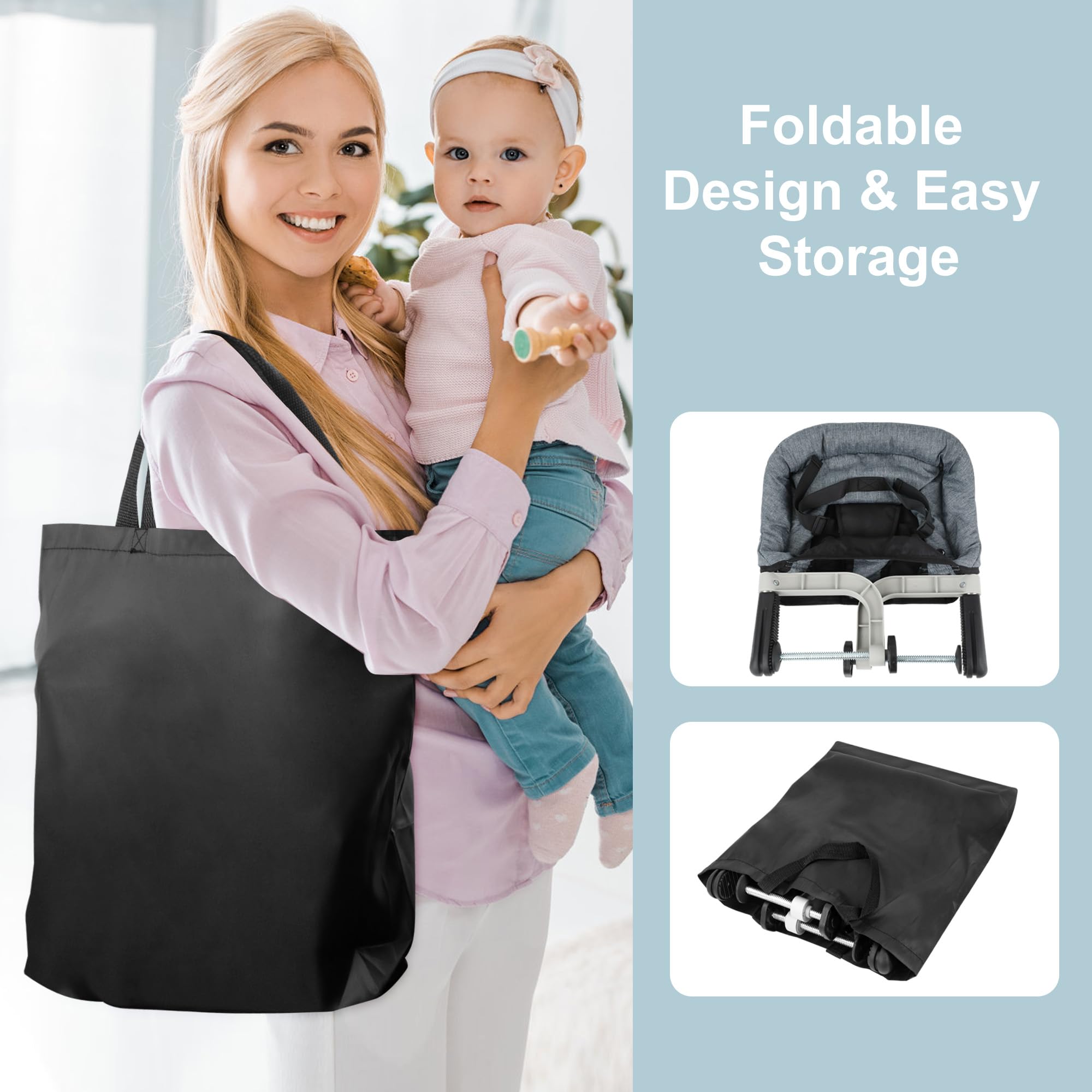 Hook On High Chair, Jozzve Baby High Chair, Portable High Chair for Travel, Foldable Fast Table Chair with Storage Bag, Baby Feeding Seat Clip On High Chair for Home and Travel (Grey)