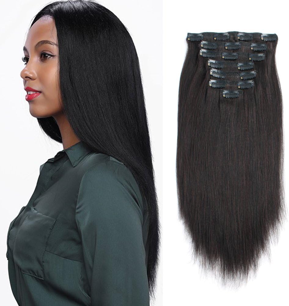 ABH AmazingBeauty Hair Yaki Straight Human Hair Clip ins Real Remy Yaky Clip in for African American Relaxed Hair 7 Pieces 120 Gram Per Set, 20 Inch