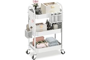 ALVOROG 3 Tier Rolling Cart with DIY Pegboards Metal Utility Cart with Wheels Handles Baskets Hooks, Storage Cart for Office Kitchen Bathroom(White)