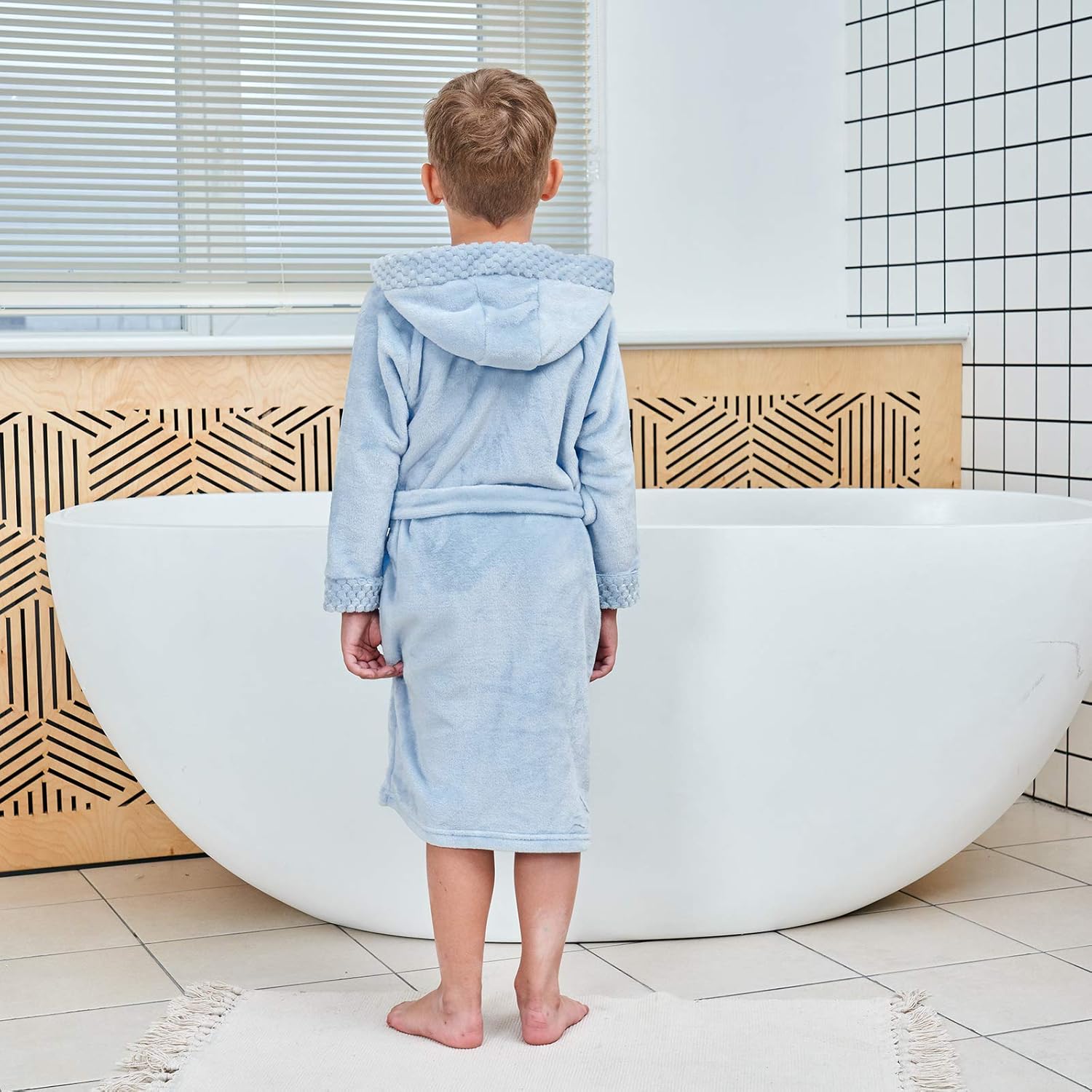 Boys Girls Robe Soft Hooded Flannel Bathrobes for Kids with Silk Eye Sleep Mask Size 4-12: Clothing