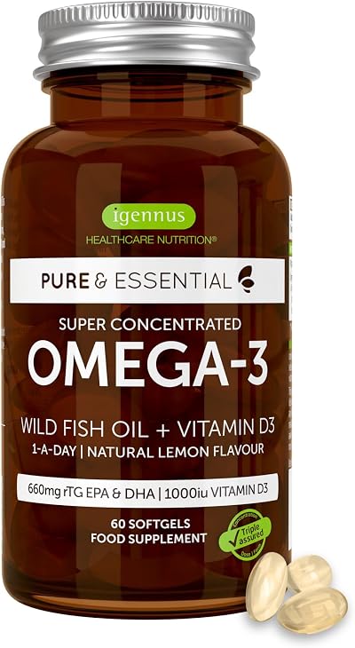 Igennus Omega-3 Wild Fish Oil & D3 1000iu, 60 Servings, IFOS Certified