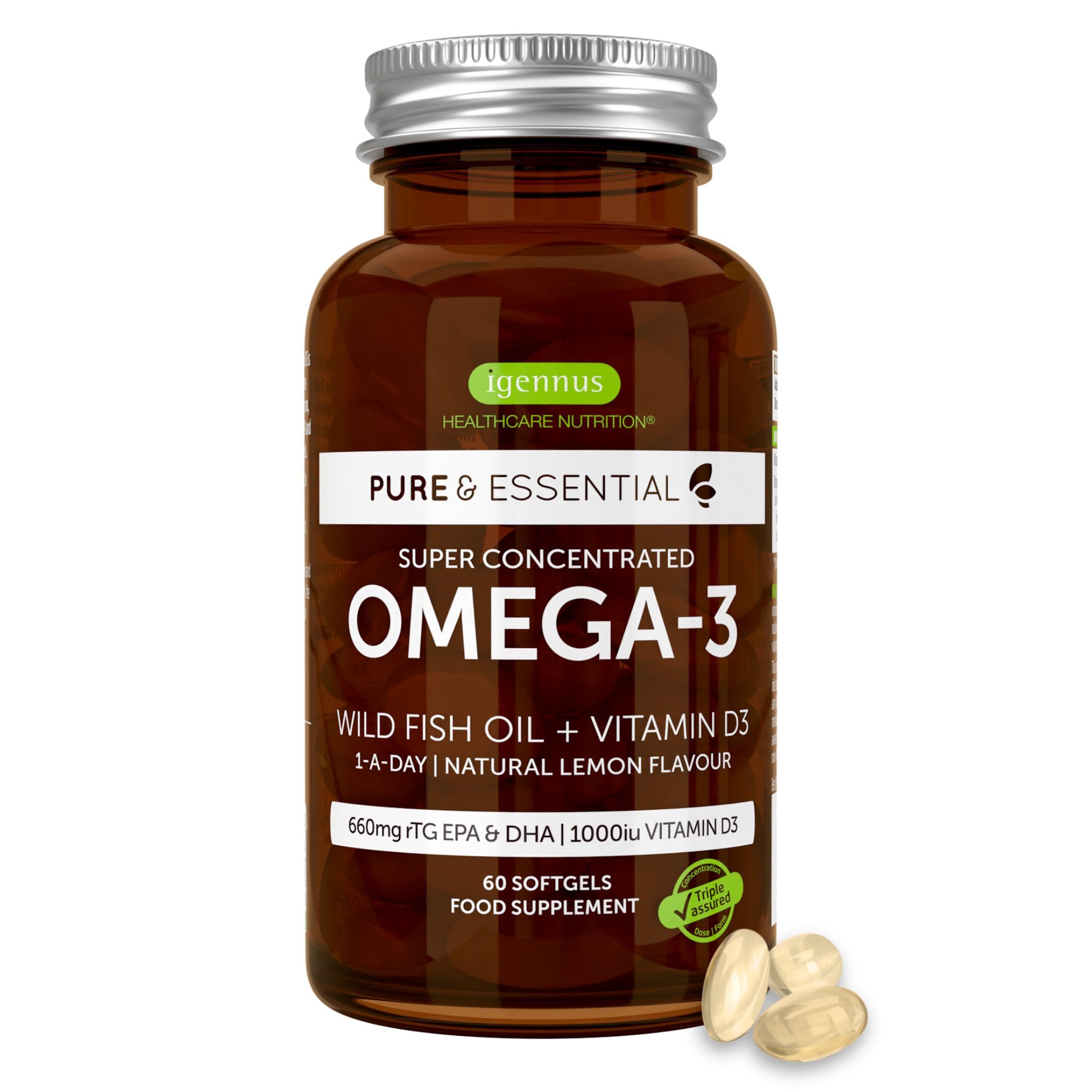 Igennus Advanced Omega-3 Wild Fish Oil & D3 1000iu, 1-a-Day 60 Servings, IFOS Certified, EPA DHA Fatty Acids, rTG Triglyceride Form, Fast-Acting, Ultra Pure, Natural Lemon Flavour