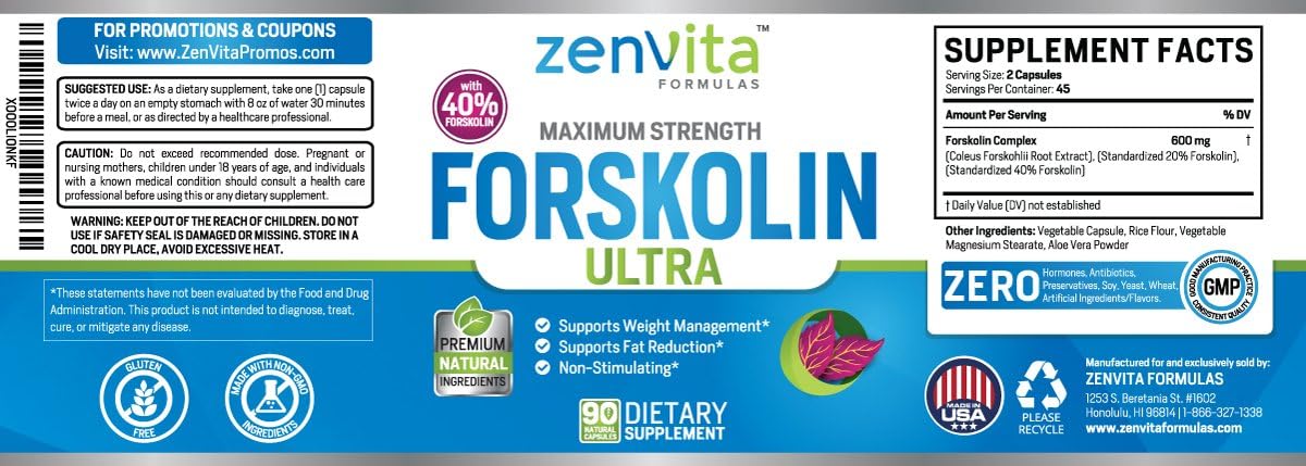 100% Pure Forskolin Extract 600mg - w/ 40% Standardized Forskolin for Maximum Strength Weight Loss | Effective Appetite Suppressant, Carb Blocker | Weight Loss Pills for Women & Men | 90 Capsules: Health & Personal Care