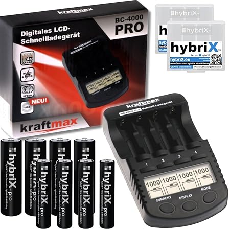 BC-4000 Pro Akku Ladegerät + 8x hybriX pro BLACK Akkus ( 4x Mignon AA + 4x Micro AAA ) + 2x Akkubox - NEUESTE VERSION