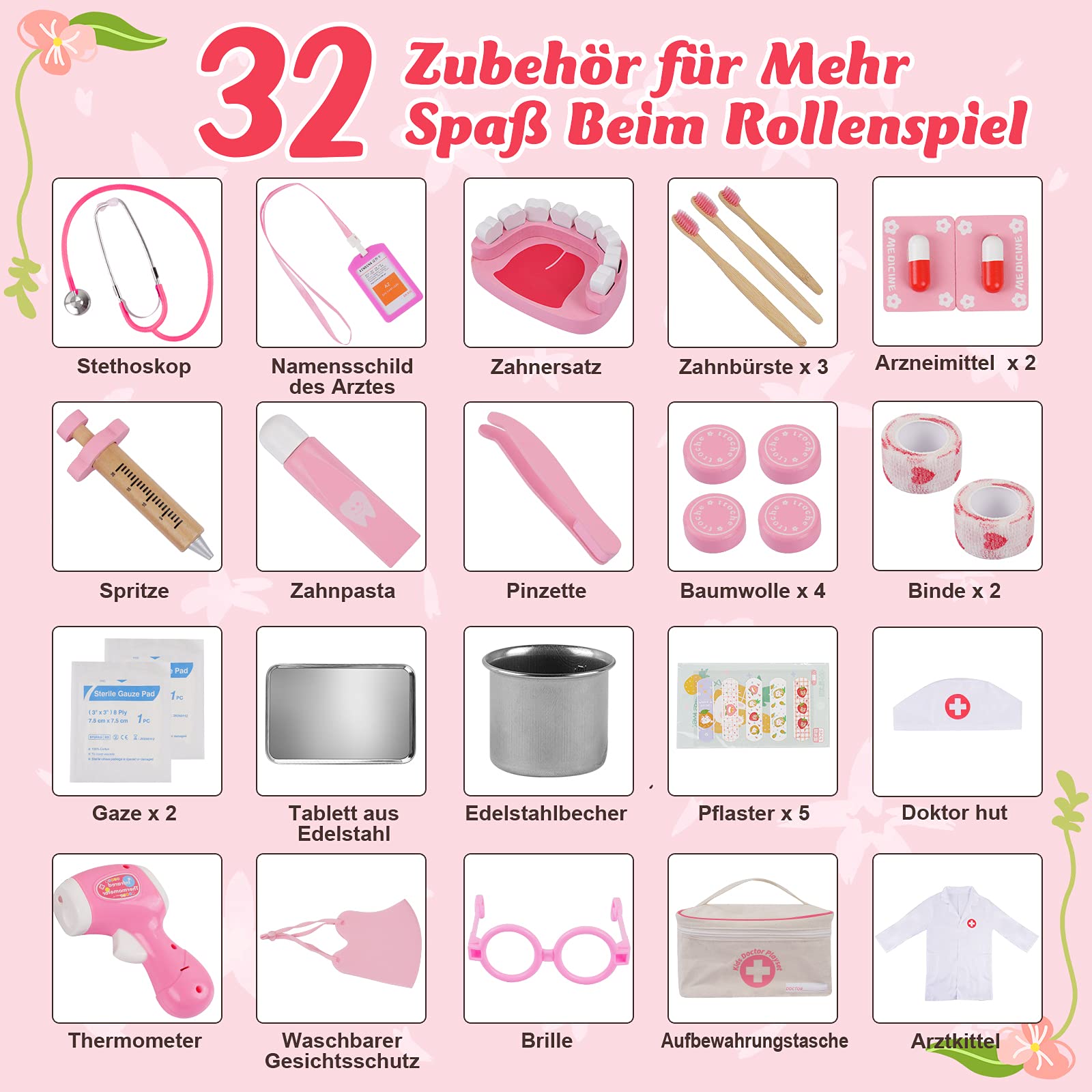 Sundaymot Arztkoffer für Kinder - 32-teiliges Medizinisches Spielzeug Rollenspiel Set, Doktor Spielset Kit mit Stethoskop, Geschenk für Mädchen ab 3 Jahren 2