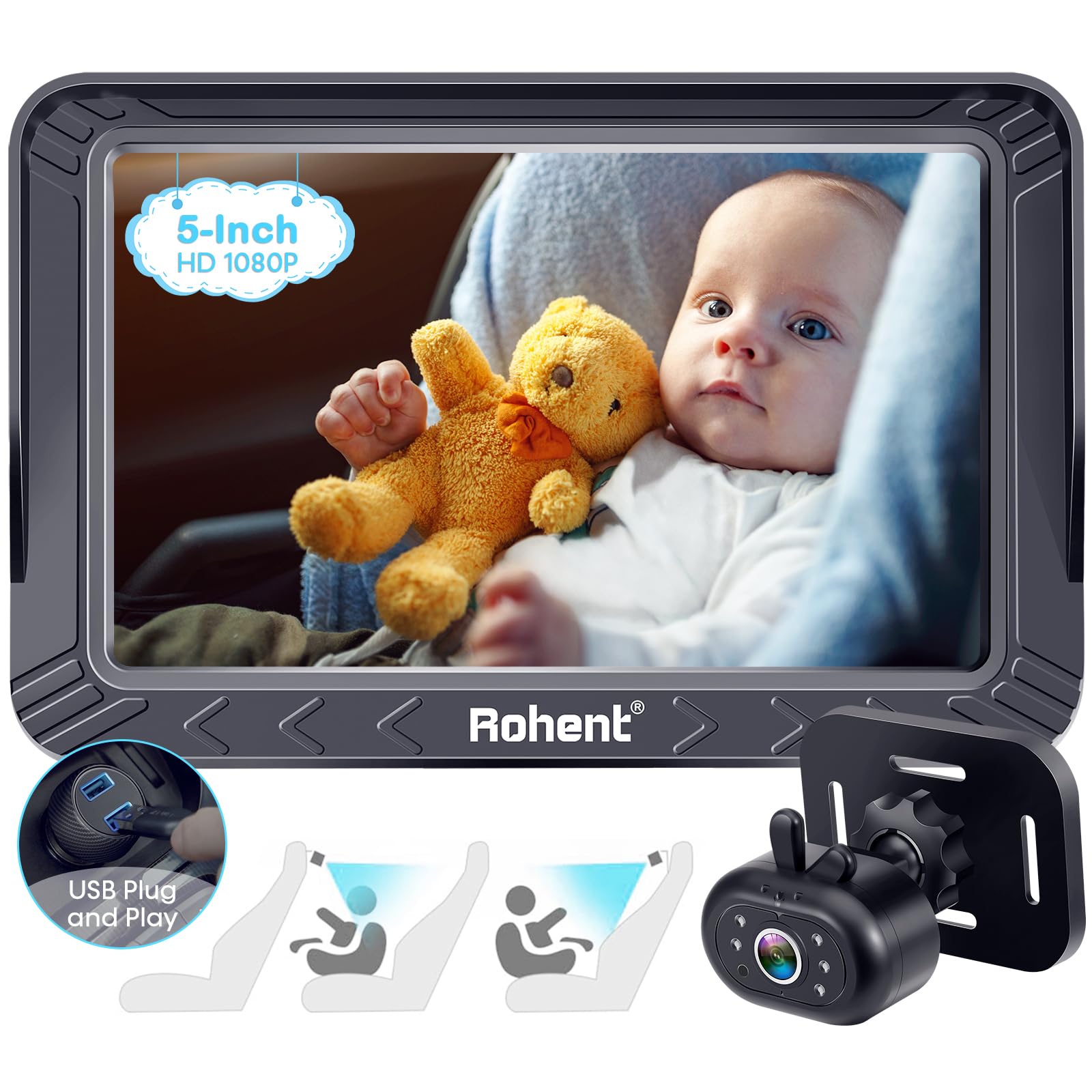 Photo 1 of Rohent Baby Car Camera - 5-Inch HD 1080P, Night Vision, Easy Install, Rear & Forward-Facing Seat Camera, USB Powered Baby Camera for Car, Safety for Infants and Kids, No Tools Required
