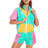 Yisfri Women's Color Block Windbreaker 2 Piece Outfits Short Sleeve Zip Front Elastic Waist Tracksuit Set
