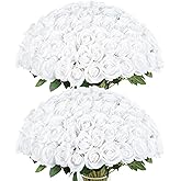 Coferset 50pcs White Artificial Roses Flowers in Bulk,Velvet Fake Rose with Long Stem Realistic Artificial Roses for Wedding Bouquets, DIY Centerpieces, Romantic Home & Party Decorations