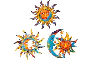 dreamskip 3 Pack Sun and Moon Wall Decor, Hanging Sun Moon & Stars Metal Wall Art, Sun Face Outdoor Wall Decor for Garden Fence Patio Yard Living Room Bedroom Decorations