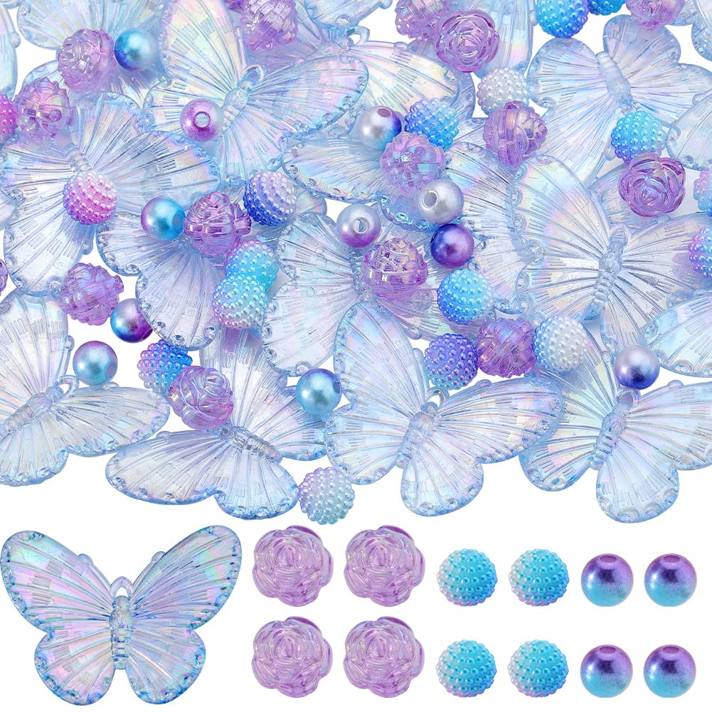 SUNNYCLUE 1 Box 100Pcs 4 Styles Acrylic Butterfly Bead Transparent Flower Beads Bulk Assorted Round Ball Pearl Bubblegum Loose Spacer Bead for Bracelet jewellery Making DIY Necklace Crafts Accessories