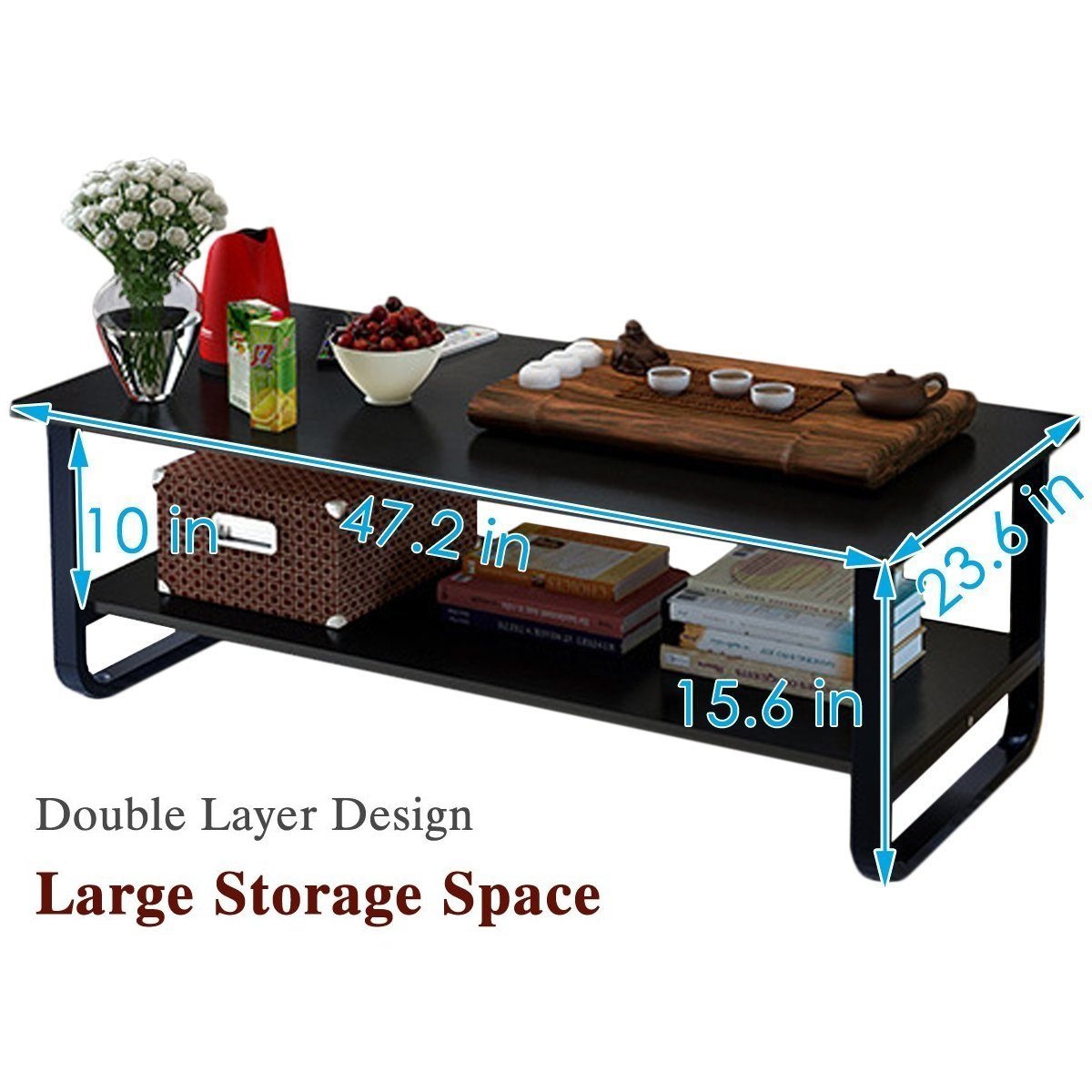 Rectangular Coffee/Tea Table with Storage Shelf (Black)