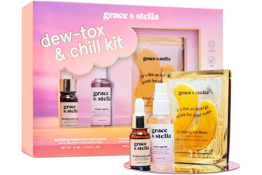 grace & stella Award-Winning Skin Care Set – Stocking Stuffers for Teen Girls, Christmas Gifts for Women – Travel Essentials with Gold Eye Masks, Hyaluronic Acid Serum & Rose Spray, Beauty Gift Set