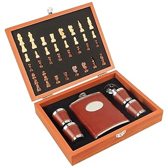 Epyz Wooden Chess Leather Hip Flask Set - Stainless Steel Flasks with Funnel and 4 Cups Gift Box (Black Set of 1)