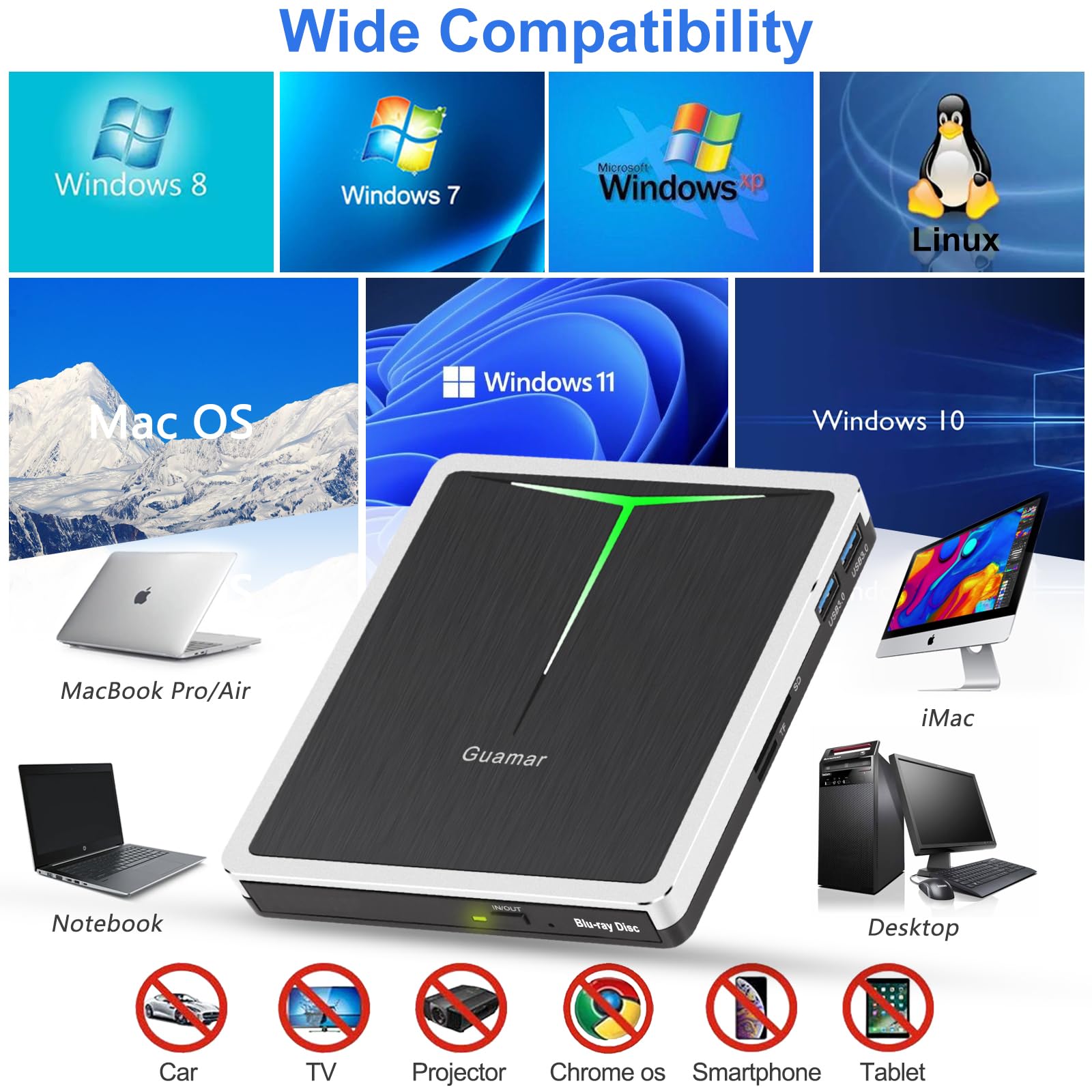 Guamar External Blu Ray Drive: USB 3.0 Type-C Blu Ray Burner with SD/TF Slot/2 USB Ports/Carrying Case - Portable Slim External Blueray/DVD Drive for PC Laptop Mac Windows 11