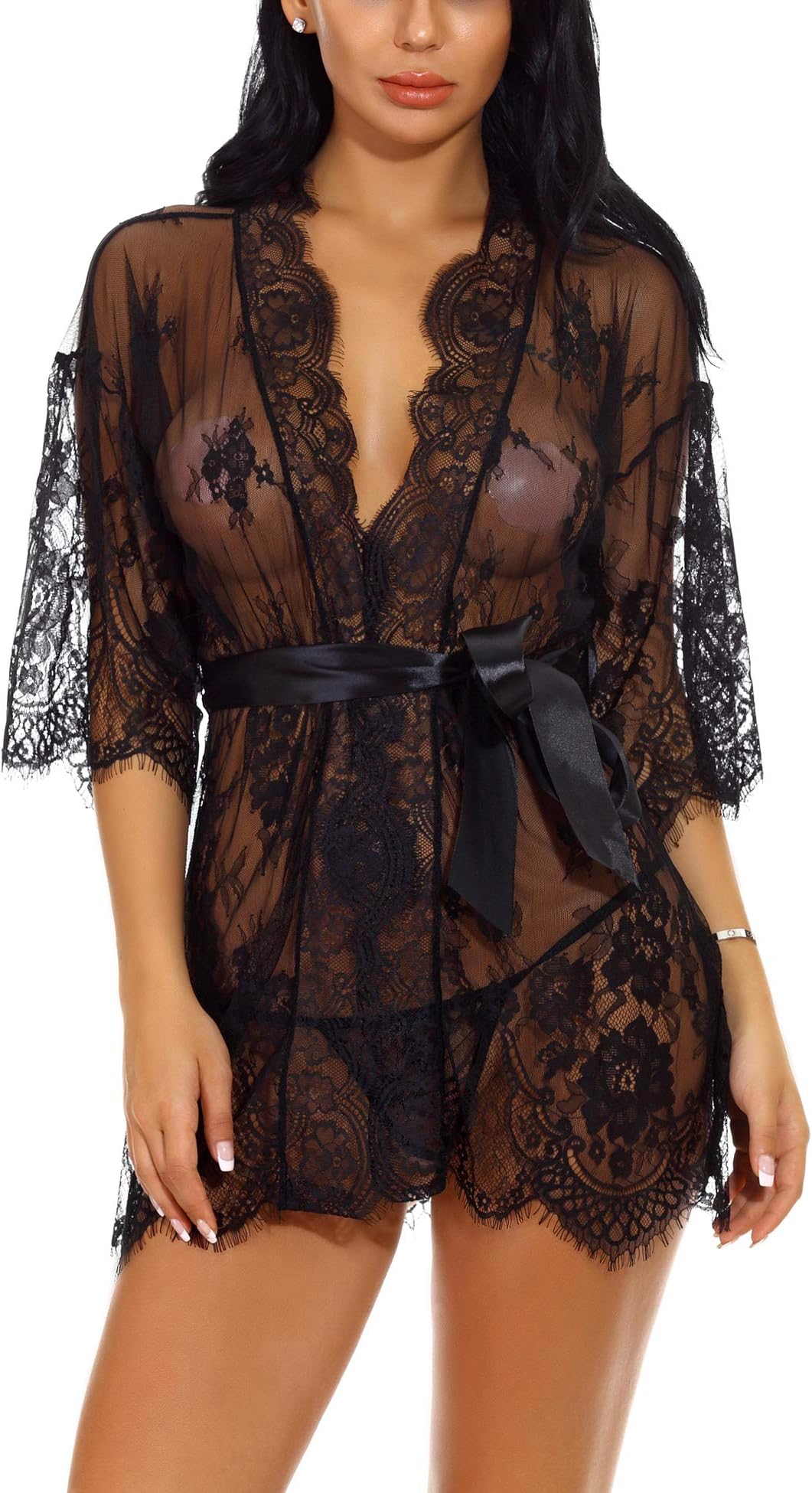SunBoss Teddy Lingerie Dress See Through Long Sleeve Lace Nightie Kimono Robe for Women