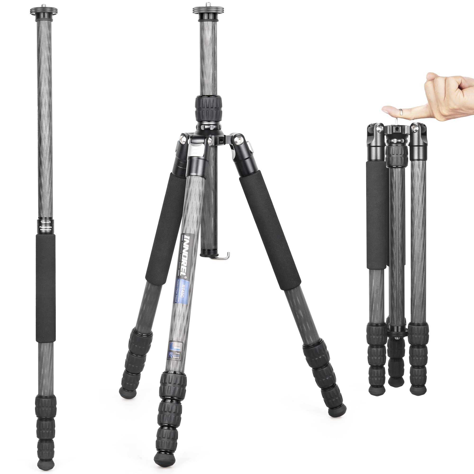 Portable 10 Layers Carbon Fiber Tripod-INNOREL RT45C Without Ballhead Professional Travel Compact Lightweight Tripod Monopod for DSLR Camera Video Camcorder 62in/157cm Tall, Load 33lb/15kg
