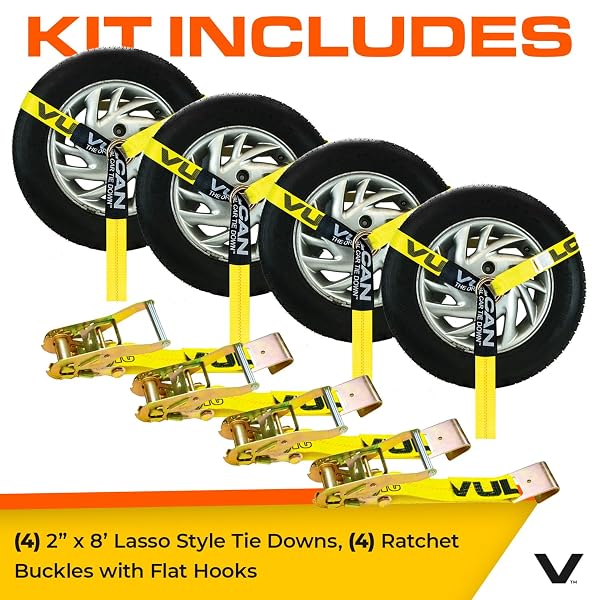 VULCAN CAR TIE DOWN WITH FLAT HOOKS – LASSO STYLE – 2 INCH X 96 INCH – 4 PACK – CLASSIC YELLOW – 3,300 POUND SAFE WORKING LOAD