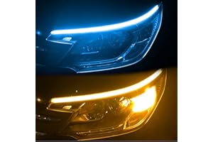 YOUNICE 2Pcs Flexible LED Light Strip Daytime Running Light 12V LED Sequential Flowing Scan Turning Signal Headlight Strip Decorative Lamp (Ice Blue+Yellow, 30CM)