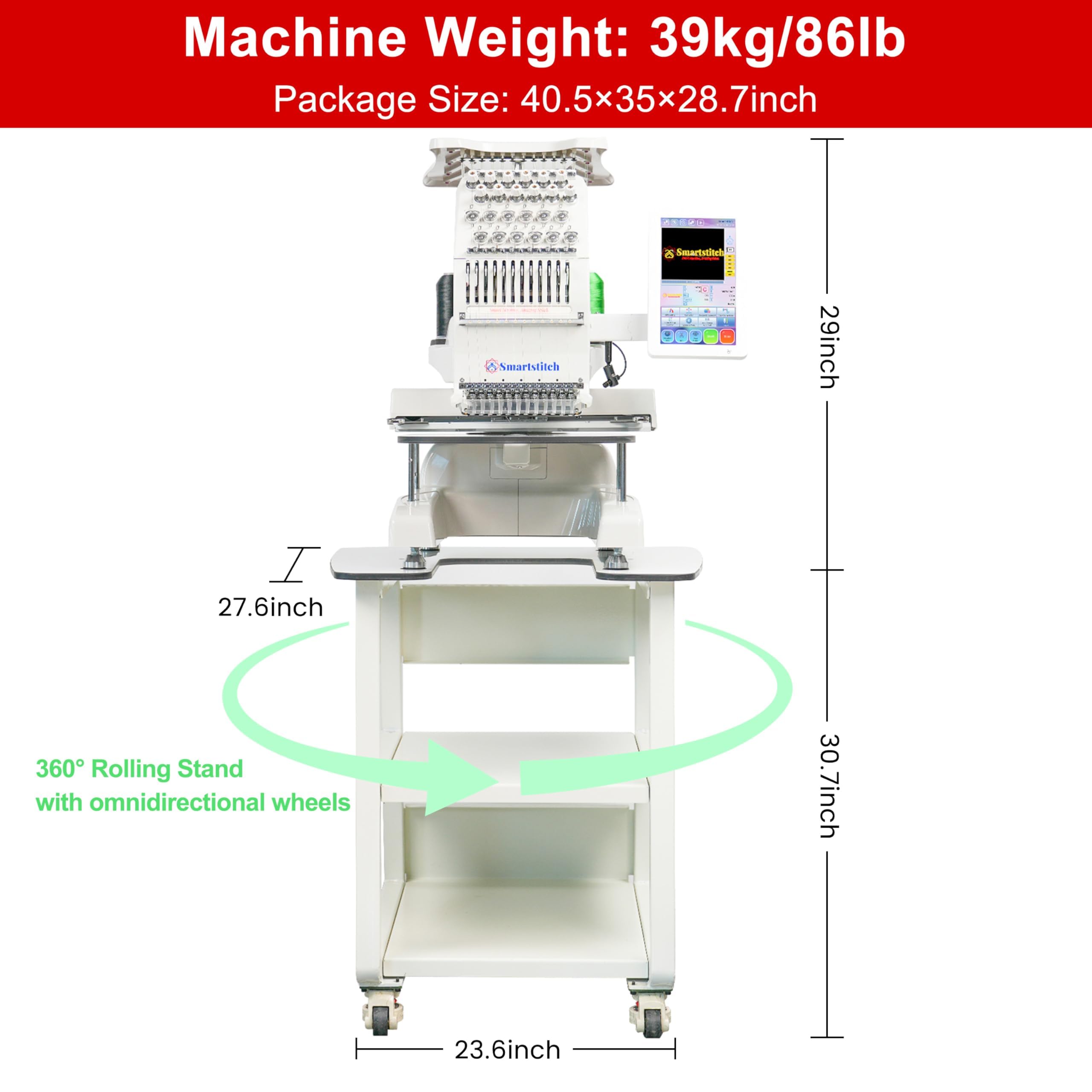 Smartstitch S-1201 Compact Embroidery Machine with 12 Needles, 1200SPM Max Speed, 10“ Screen, Wifi, 9.5