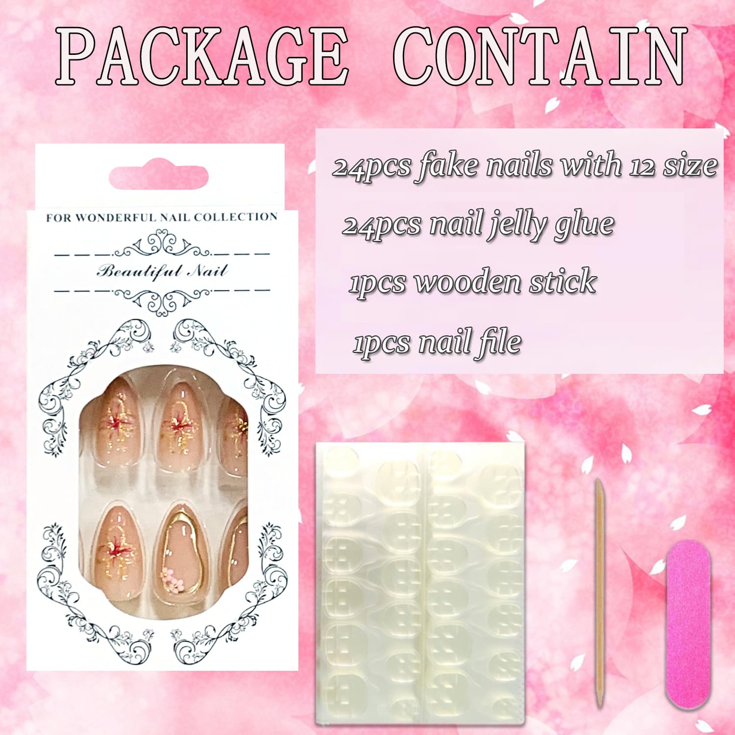 Press on Almond Nails Spring Glossy Full Cover Medium Almond False Nails with Floral Designs Artificial Almond Shaped Fake Nails with Charms Glue Stick ons Fingernails for Women Girls(JP3514) - Image 4