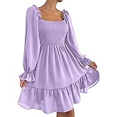 Ekaliy Women's Square Neck Puff Sleeve Dress Smocked Casual A Line Swing Flowy Ruffle Hem Babydoll Mini Dress
