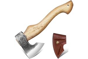 VIKING HUNTER Viking Axe Small Camping Axe, Leather Sheath, Sharp Blade Hunting Axe High Carbon Steel Blade Shaft Rose Wood Mini Vahalah Axe, Hatchet Gift for Dad (VK-Ax-8)