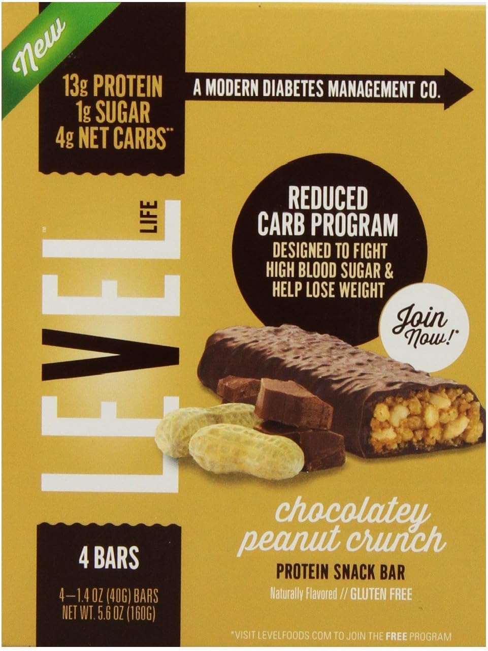 Level Life Diabetes Management Protein Bar, Chocolate Peanut Crunch, 4 Ct (Pack of 4)