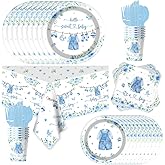 81Pcs Baby Shower Party Tableware Set Boy Baptism Birthday Party Decorations Set with Blue Flower Theme Plates Napkin, Cups,Knife, Fork And Spoon,for Boys Shower Gender Reveal Party Supplies