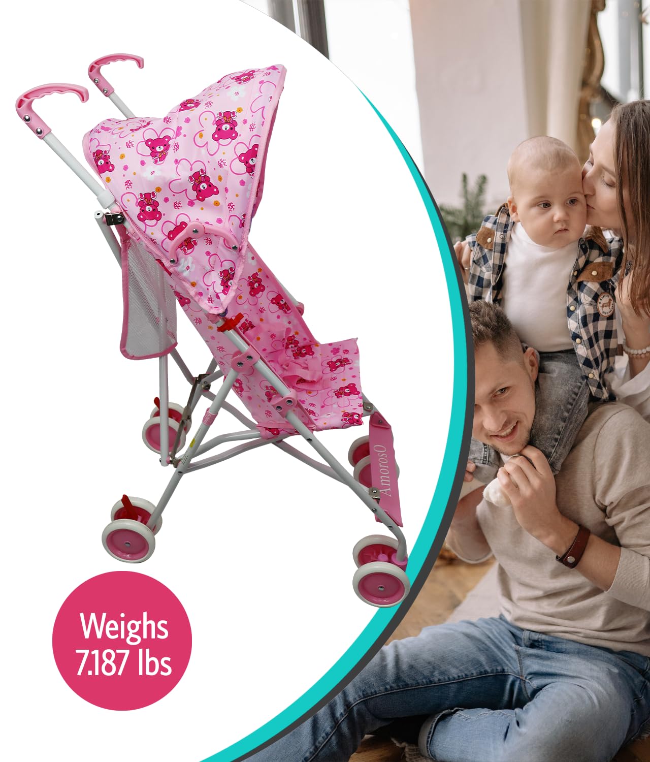 AmorosO Single Umbrella Stroller | Lightweight, Travel-Ready Stroller with EVA Wheels & Sun Protection | Baby Pink