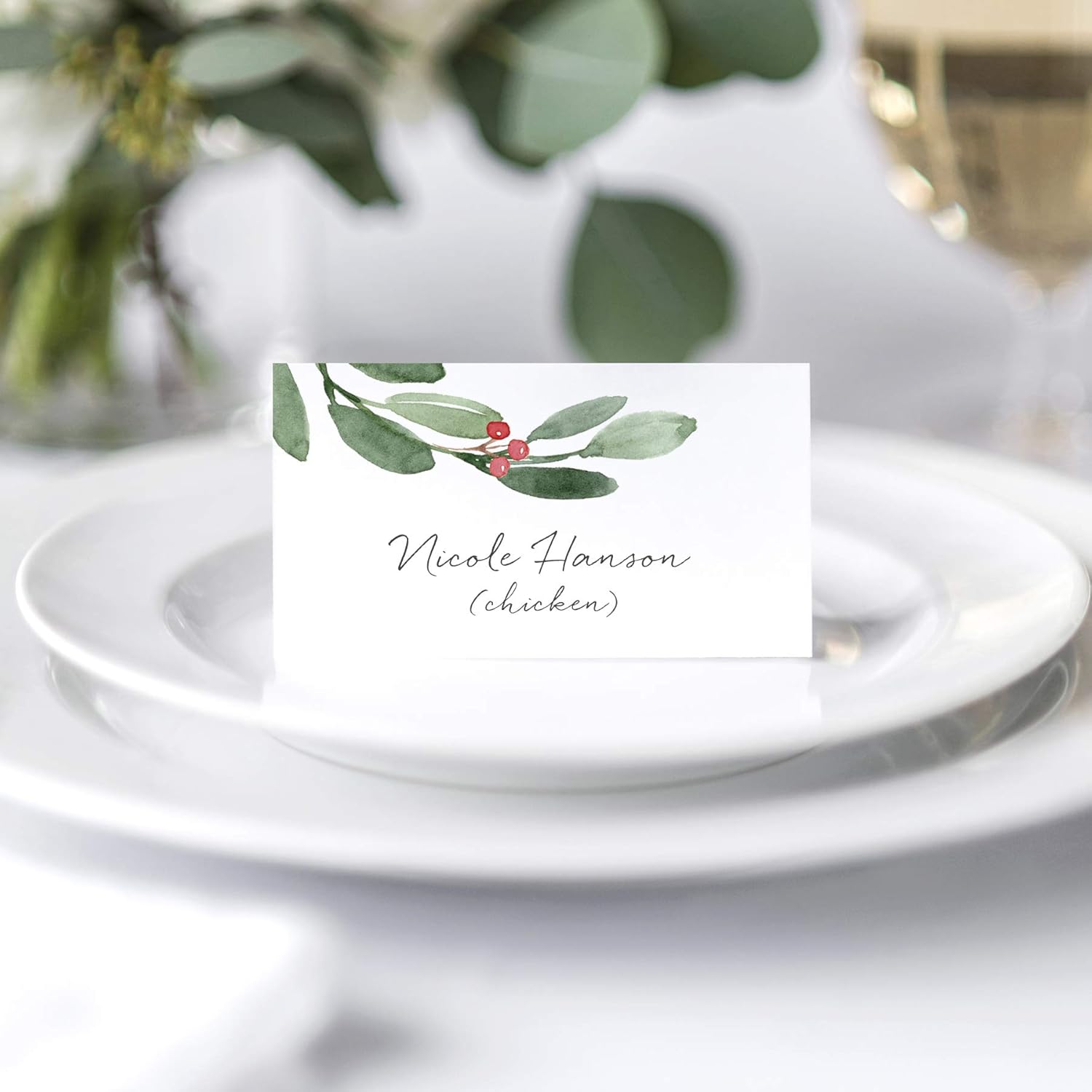Bliss Collections Greenery Holiday Place Cards for Christmas Party, Wedding or special winter event! Seating Place Cards for Tables, Scored for Easy Folding, 50 Pack, 2 x 3.5 Inches: Kitchen & Dining