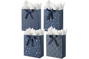 KomoLeay 4 Pack 9" Medium Size Gift Bags Assorted Premium Blue Gift Bags with Tissue Paper Use for Birthdays, Baby Shower,weddings,Party Favor, Holiday Presents-7" X 4" X 9"