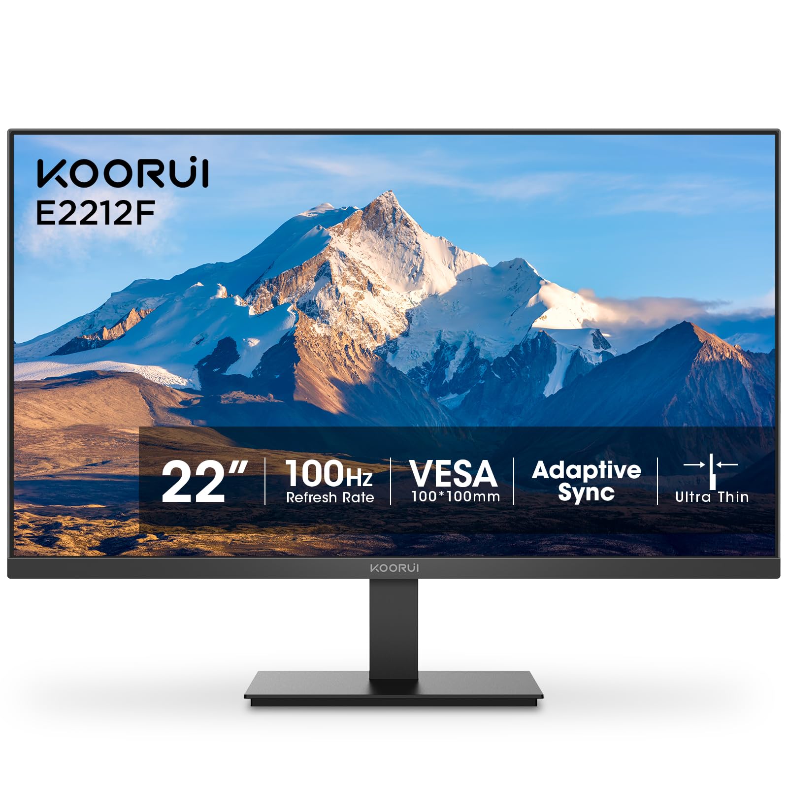 Photo 1 of KOORUI 22 Inch Computer Monitor Full HD 1080P 100Hz PC Gaming Screen VA Panel Ultra-Slim Display 3000:1 Contrast Ratio with Adpitive Sync (HDMI/VGA/VESA Compatible 100x100mm/Audio Out), Tilt, Black