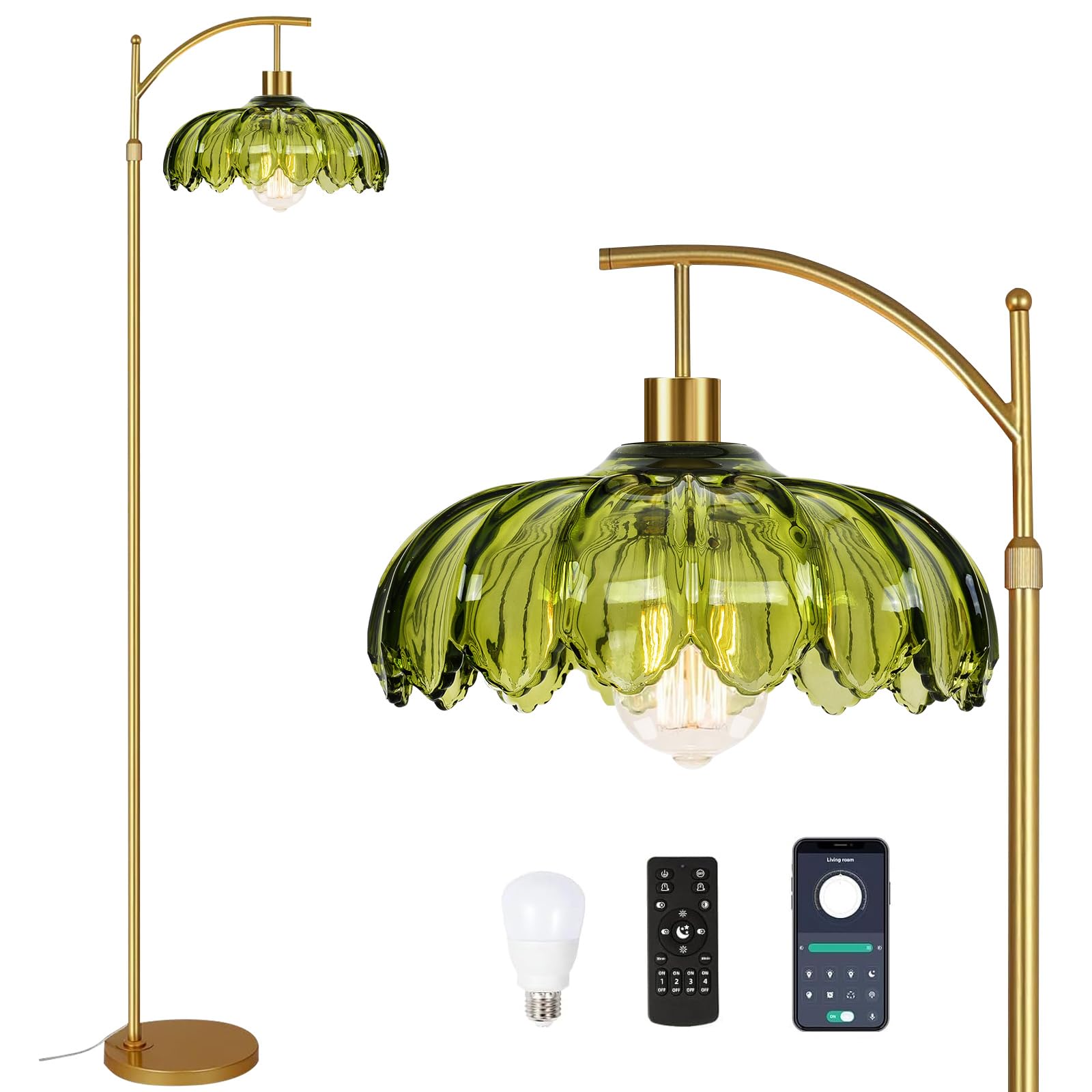 Photo 1 of Gold Floor Lamps for Living Room Glass Vintage Floor Lamp with Remote Control,Dimmable Mid Century Modern Standing Lamp with 3 Color Temperature Tall Flower Lamp Brass Floor lamp for Bedroom Corner