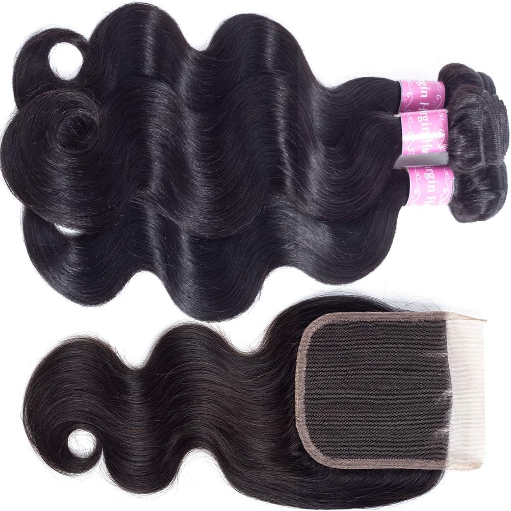 10A Brazilian Body Wave 100% Unprocessed Human Hair 3 Bundles With Closure(12 14 16+12Three part Natural Color) Body Wave Brazilian Human Hair Bundles With Closure