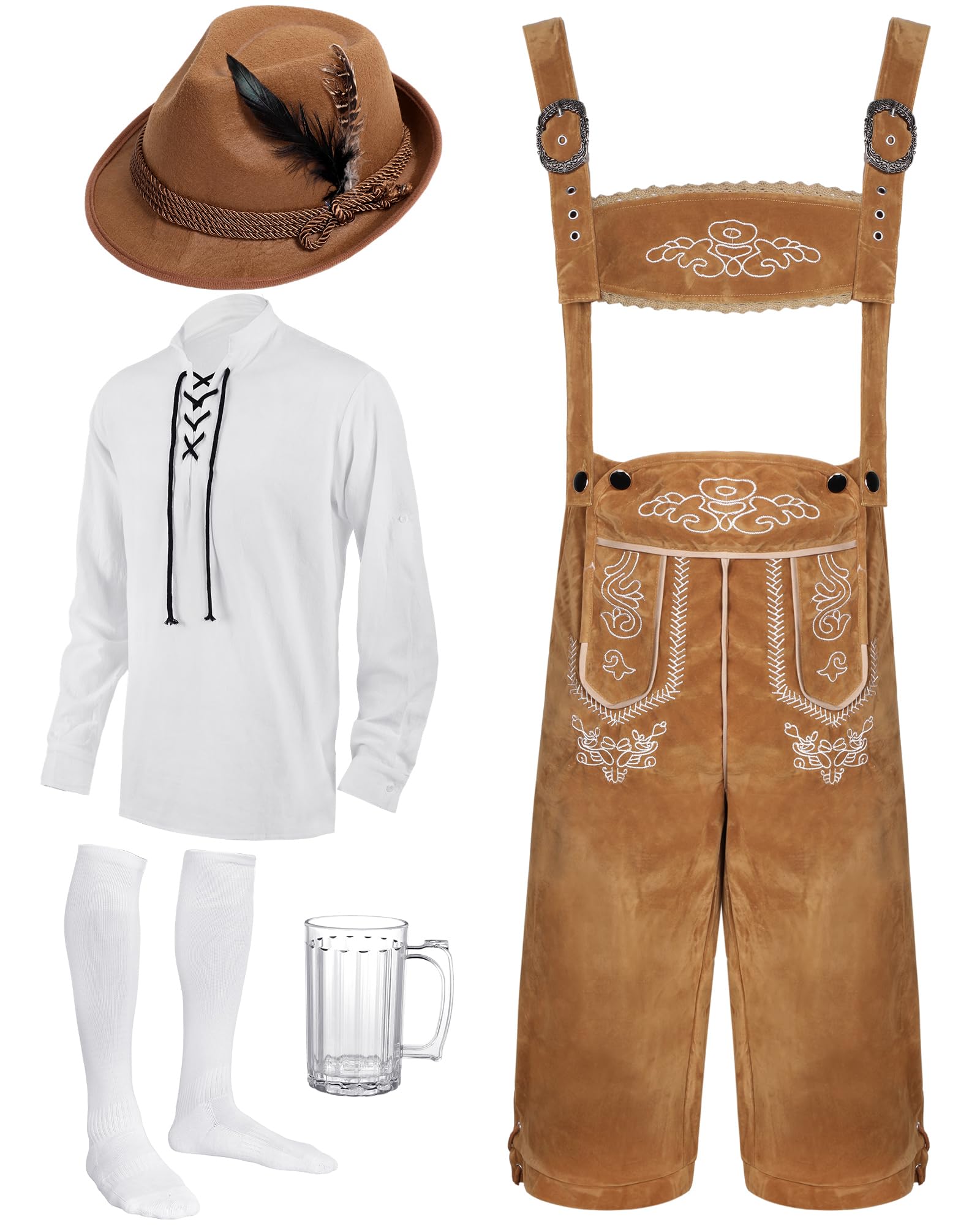 Photo 1 of Toulite 6 Pcs German Oktoberfest Costume Set for Men Lederhosen Suspender Shirt Hat Socks Beer Stein for Festival (Large,Camel)
