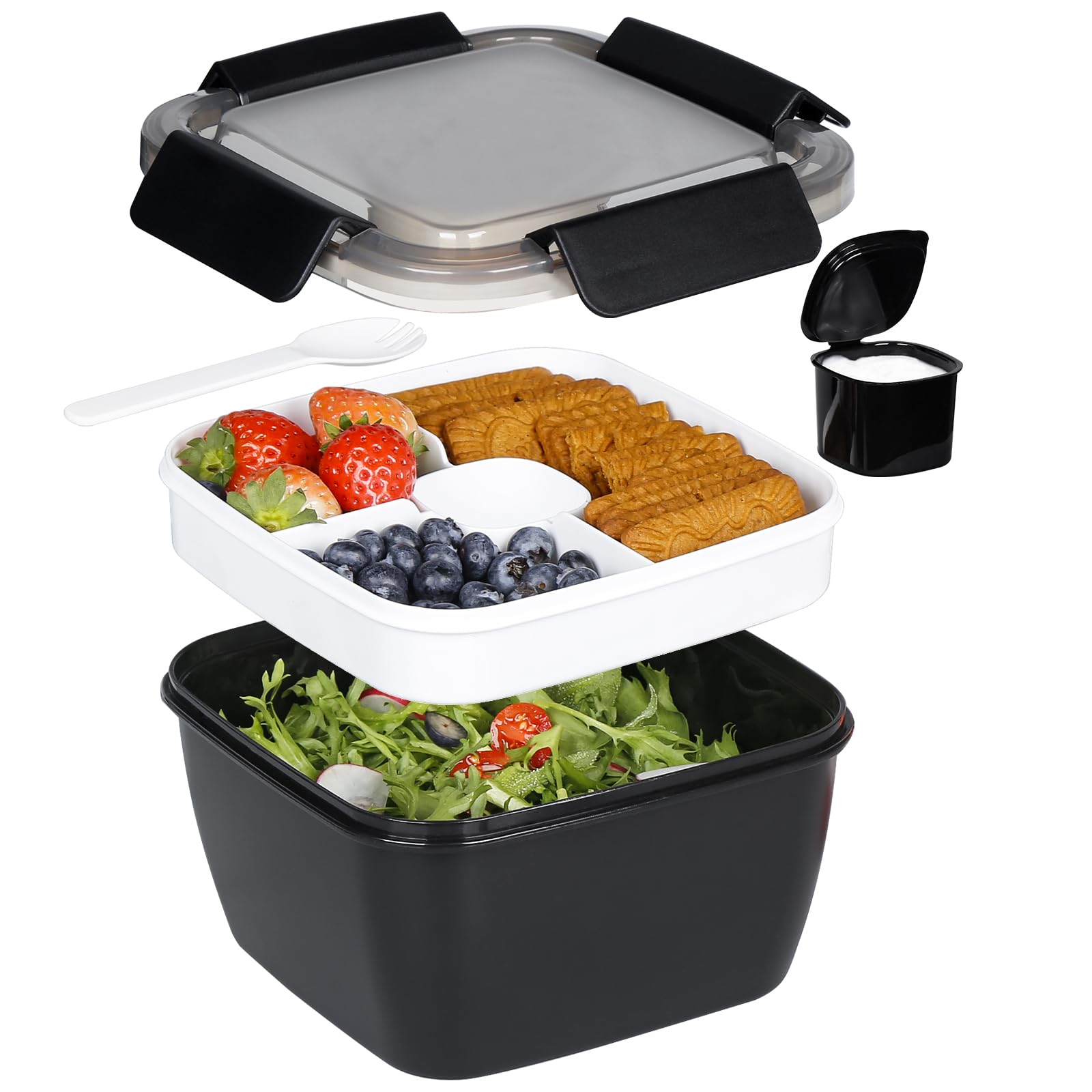 Greentainer 52 OZ to Go Salad Container Lunch Box, BPA-Free, 3-Compartment for Salad Toppings and Snacks, Salad Bowl with Dressing Container, Built-in Reusable Spoon, Microwave Safe(Black)