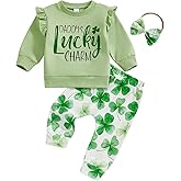 Karuedoo Toddler Baby Girl St Patricks Day Outfit Letter Print Ruffle Long Sleeve Sweatshirt Clover Pants Headband 3Pcs Set
