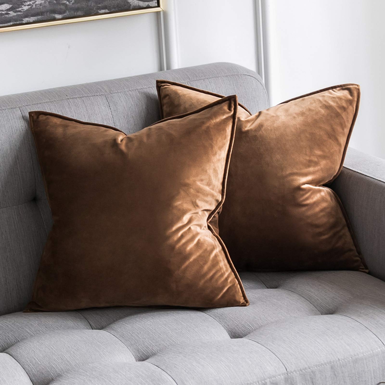MIULEE Velvet Cushion Covers 40cm x 40cm Chocolat Decorative Square Throw Pillow Covers Flanges Pillowcases Soft for Livingroom Sofa Bedroom with Invisible Zipper 16 x 16 Inch Pack of 2