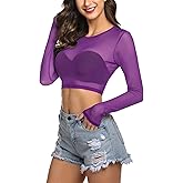 Avidlove Women Mesh Crop Top Long Sleeve See Through Shirt Sheer Blouse O Neck Clubwear S-4XL